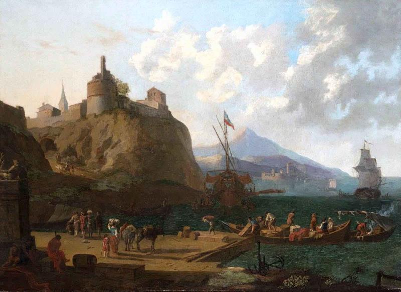 Adriaen Coorte A  mediterranean harbour scene with numerous figures on a que beneath a fort oil painting image